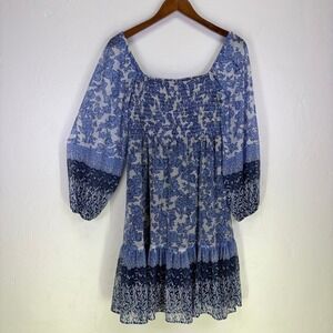 Blue Floral Smocked Mini Dress Long Balloon Sleeve Square Neck Boho Ruffle Hem